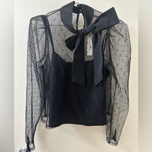 NWT Express Black Sheer Polka Dot Blouse w Bow & Layered Cami, New